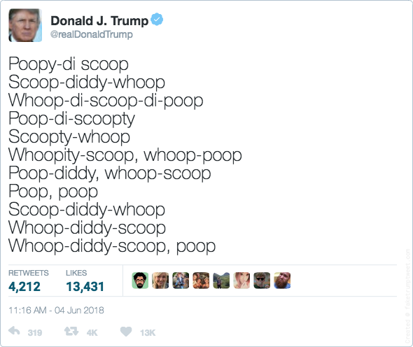A screenshot of a Donald Trump tweet with gibbering nonsense sillables (it is a fake)
