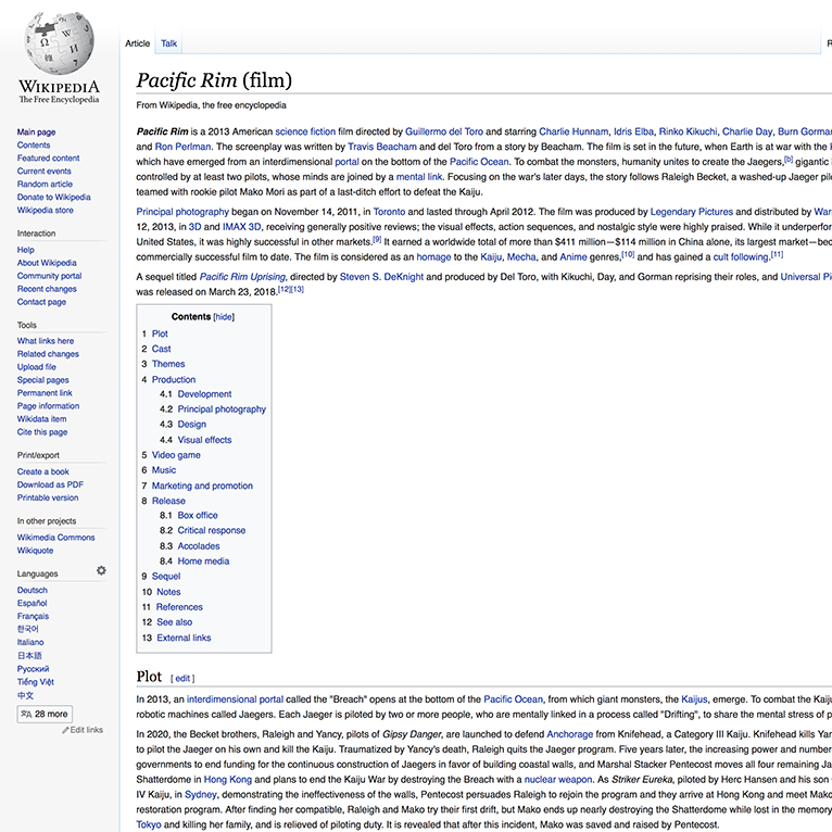 The wikipedia page for Pacific Rim